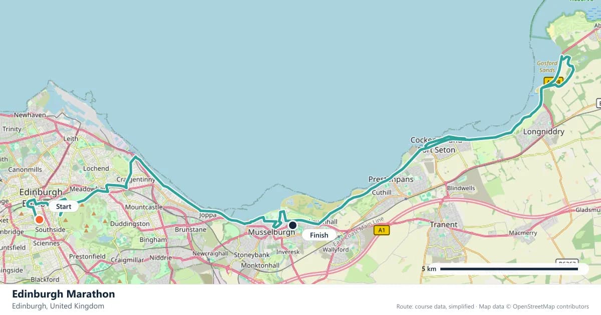 Edinburgh Marathon course map: the route through Edinburgh, with the start and the finish marked.