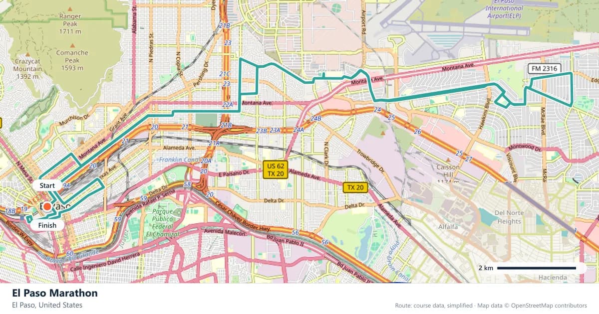 El Paso Marathon course map: the route through El Paso, with the start and the finish marked.