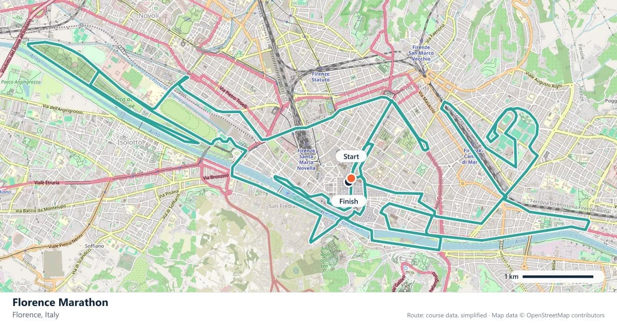Florence Marathon course map: the route through Florence, with the start and the finish marked.
