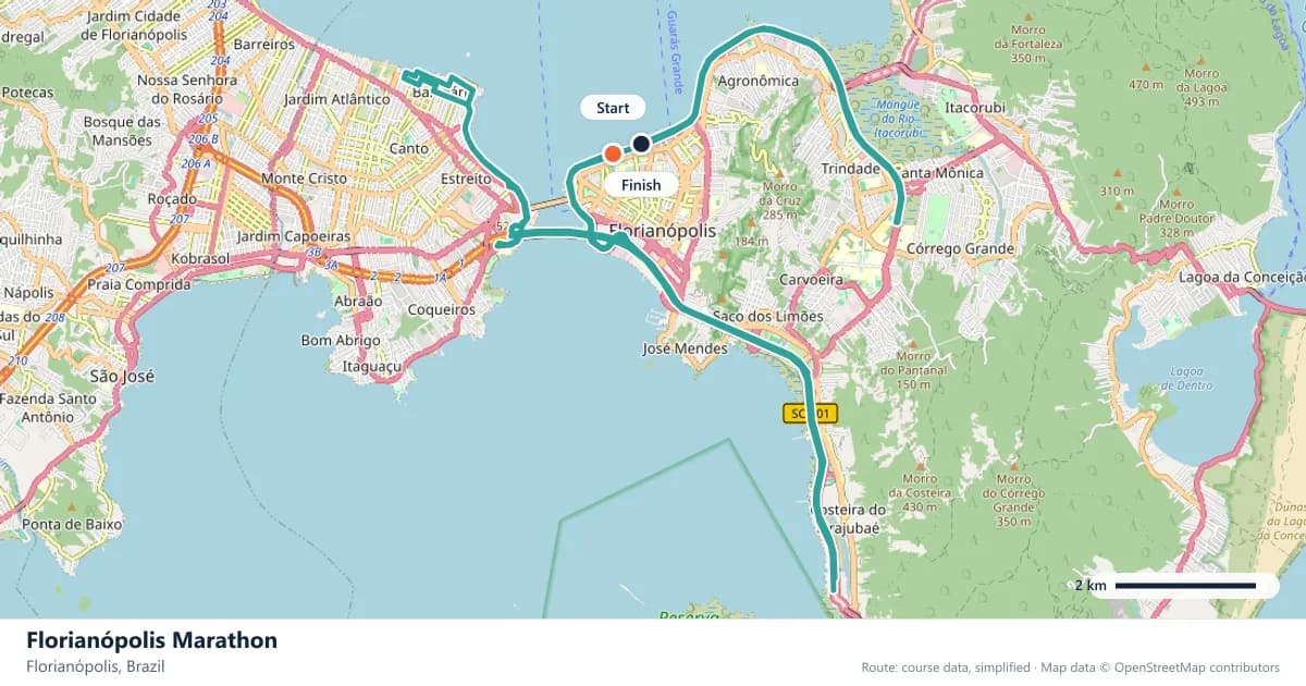 Florianópolis Marathon course map: the route through Florianópolis, with the start and the finish marked.