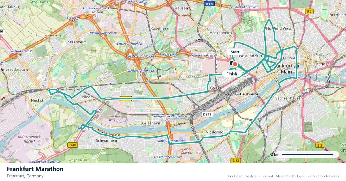 Frankfurt Marathon course map: the route through Frankfurt, with the start and the finish marked.