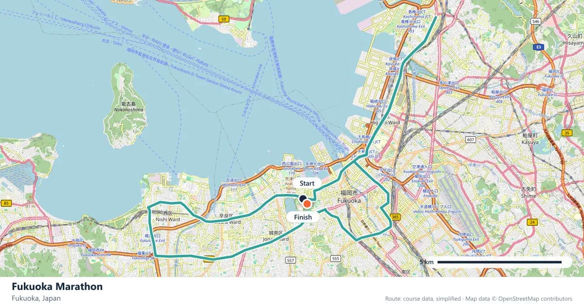 Fukuoka Marathon course map: the route through Fukuoka, with the start and the finish marked.