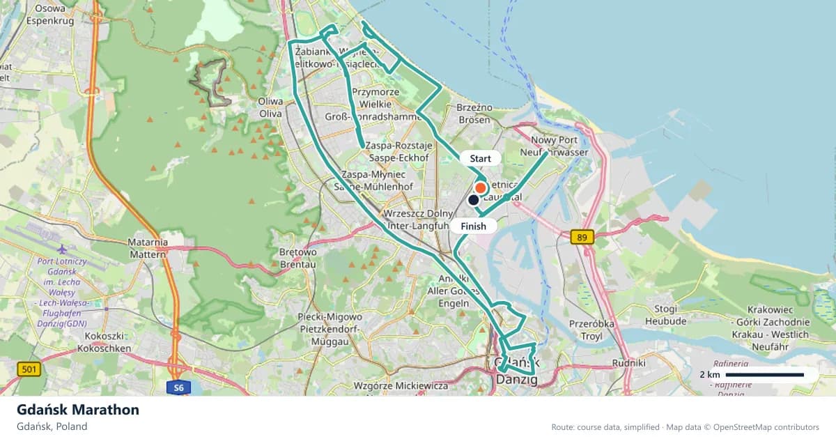 Gdańsk Marathon course map: the route through Gdańsk, with the start and the finish marked.