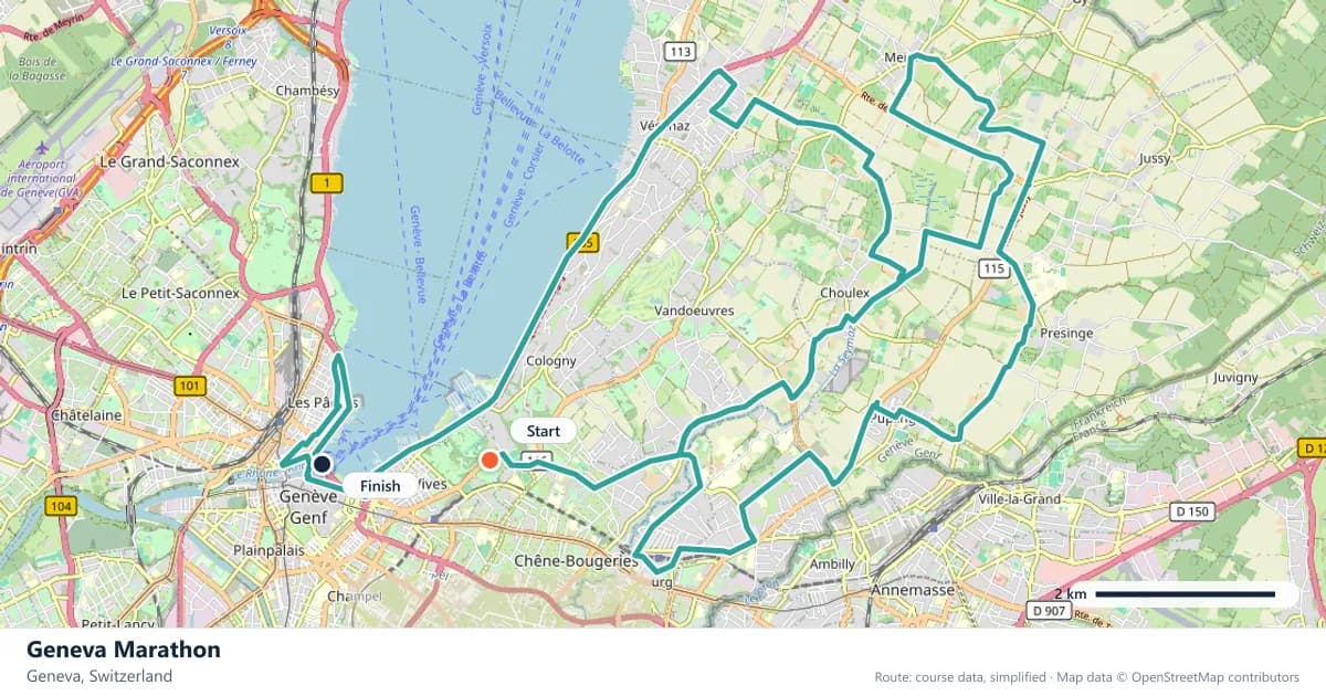 Geneva Marathon course map: the route through Geneva, with the start and the finish marked.