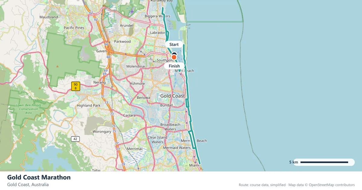 Gold Coast Marathon course map: the route through Gold Coast, with the start and the finish marked.