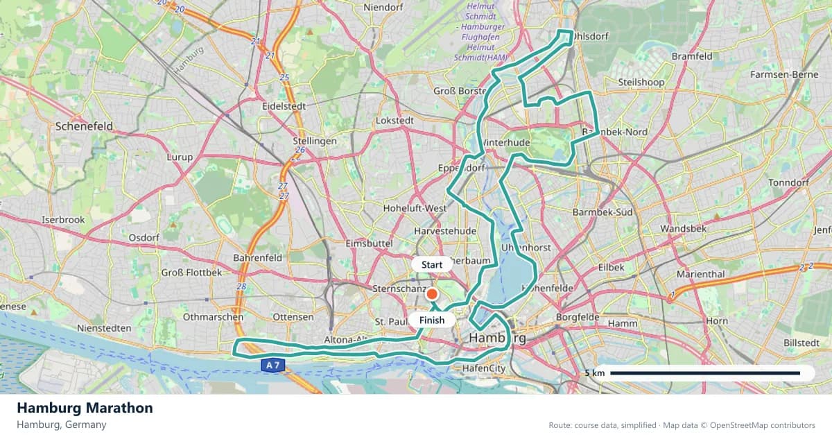 Hamburg Marathon course map: the route through Hamburg, with the start and the finish marked.