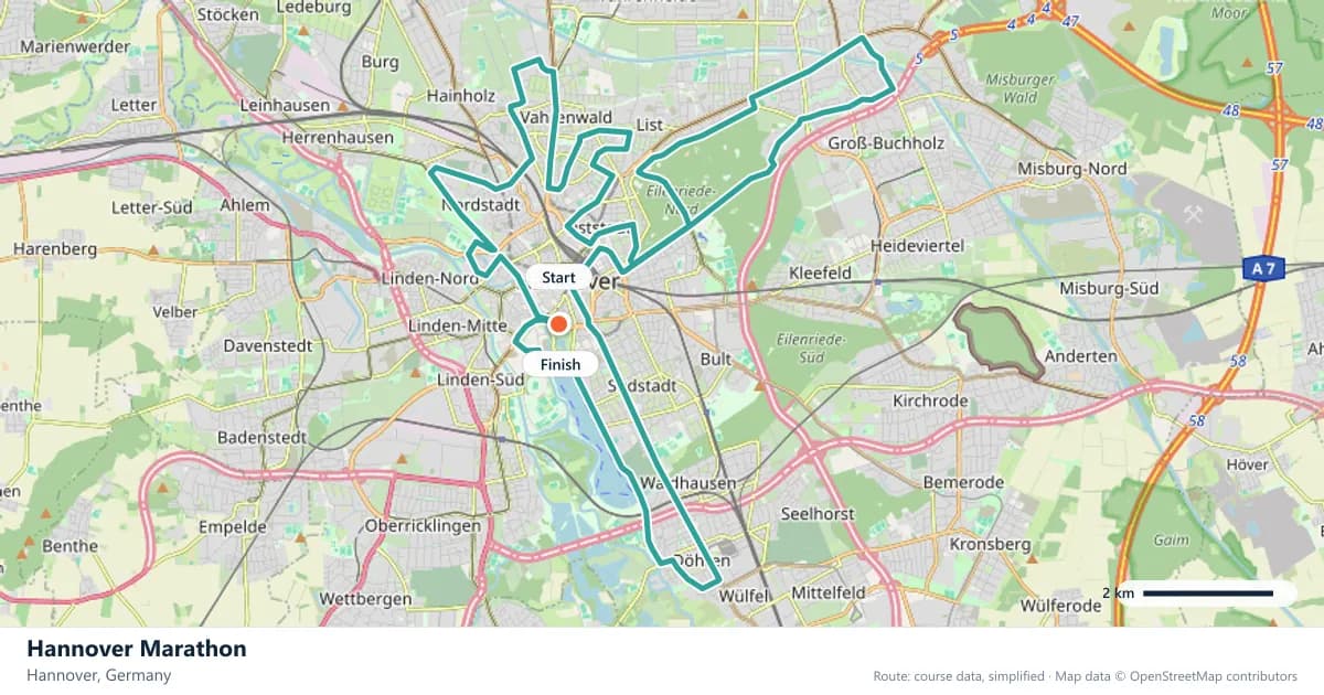 Hannover Marathon course map: the route through Hannover, with the start and the finish marked.