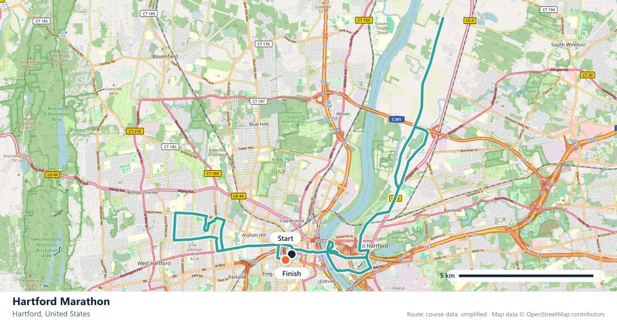Hartford Marathon course map: the route through Hartford, with the start and the finish marked.