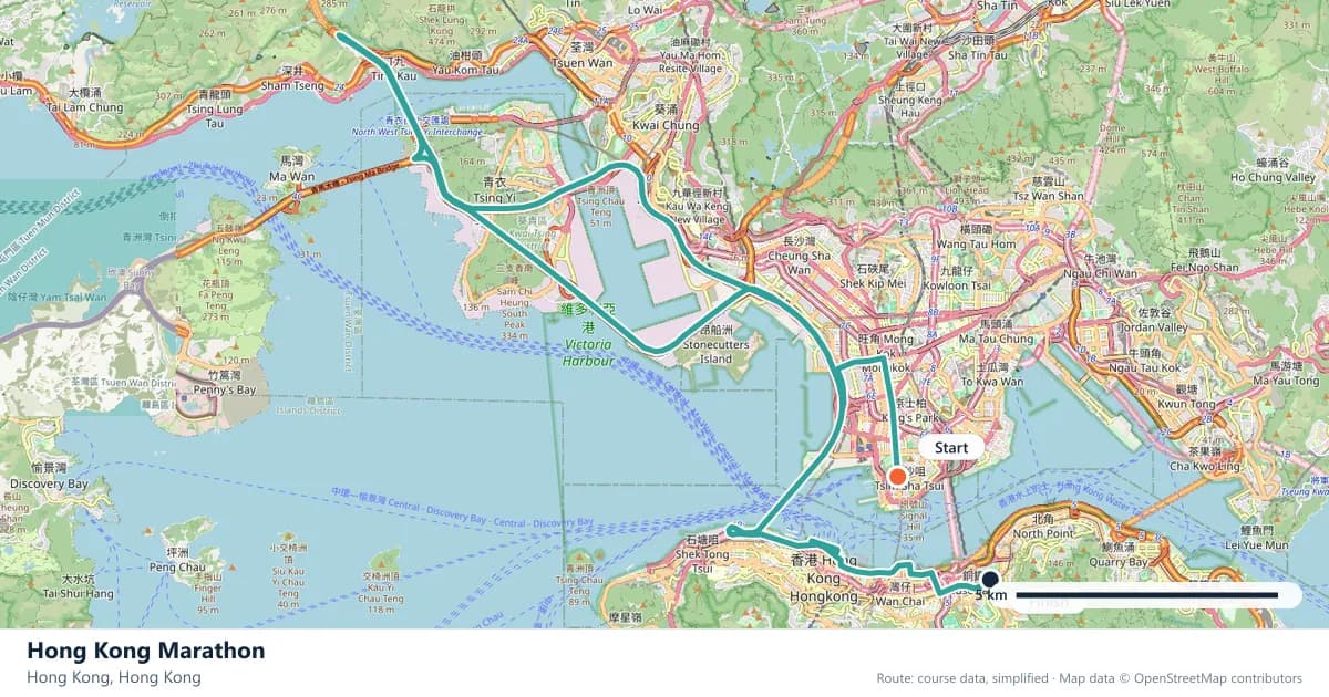 Hong Kong Marathon course map: the route through Hong Kong, with the start and the finish marked.