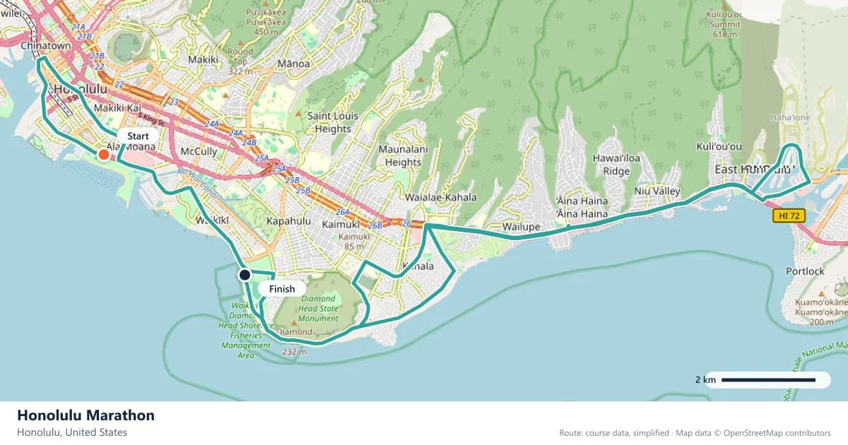 Honolulu Marathon course map: the route through Honolulu, with the start and the finish marked.