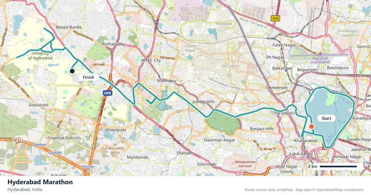 Hyderabad Marathon course map: the route through Hyderabad, with the start and the finish marked.