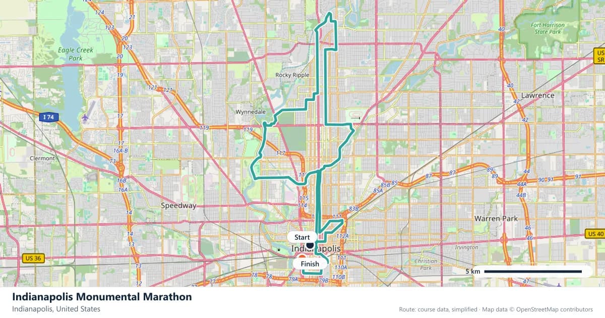 Indianapolis Monumental Marathon course map: the route through Indianapolis, with the start and the finish marked.