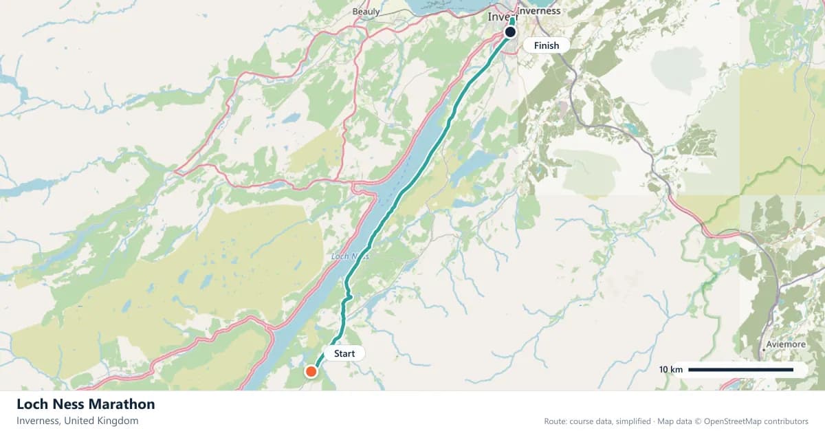 Loch Ness Marathon course map: the route through Inverness, with the start and the finish marked.