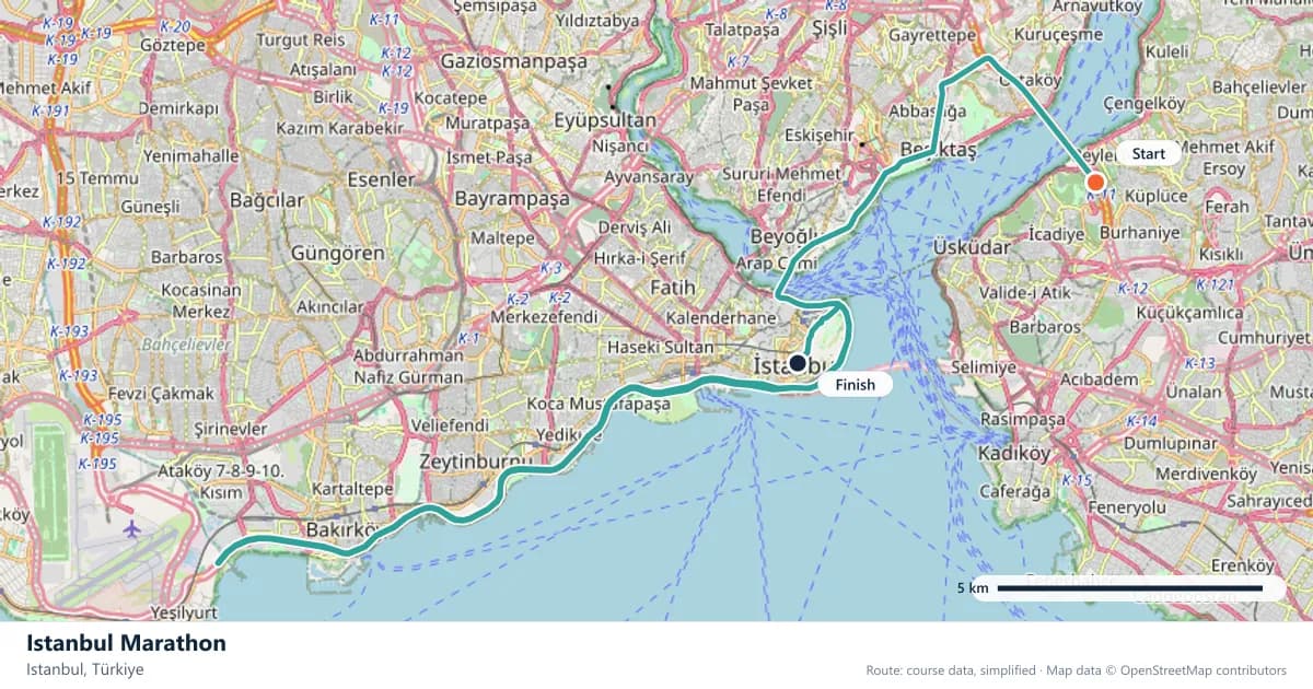 Istanbul Marathon course map: the route through Istanbul, with the start and the finish marked.