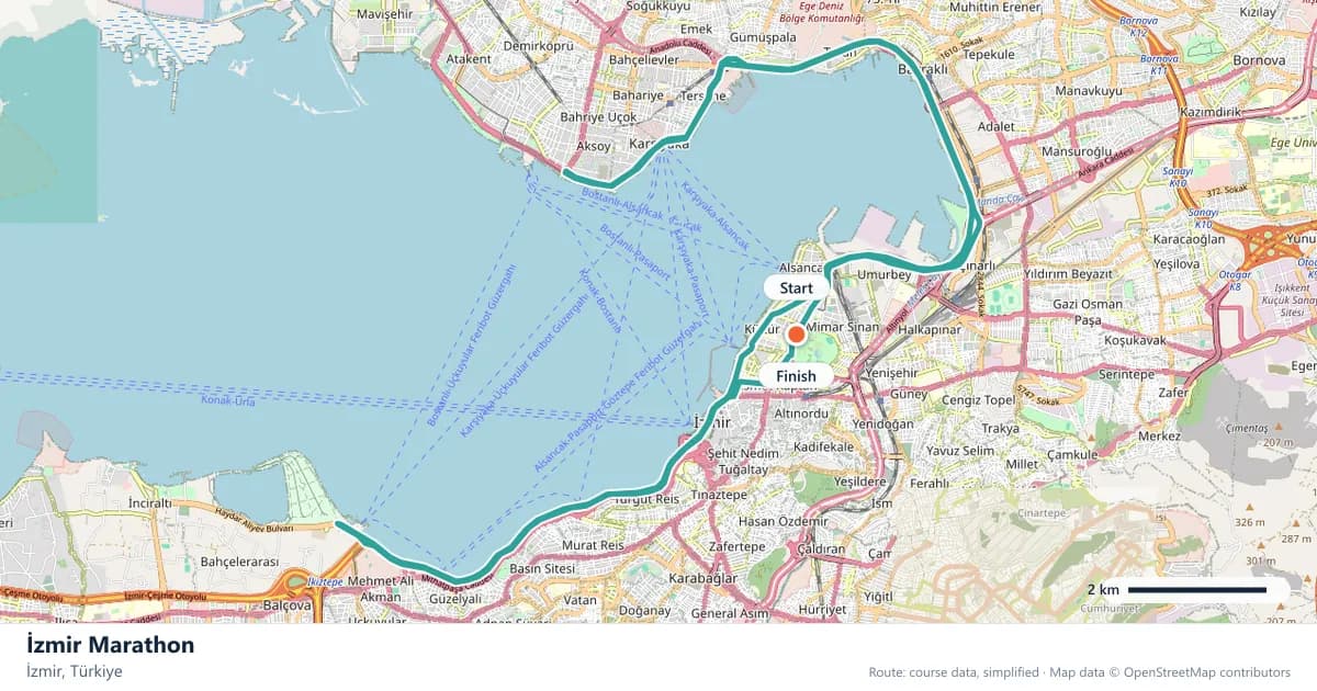 İzmir Marathon course map: the route through İzmir, with the start and the finish marked.