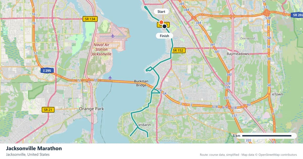 Jacksonville Marathon course map: the route through Jacksonville, with the start and the finish marked.