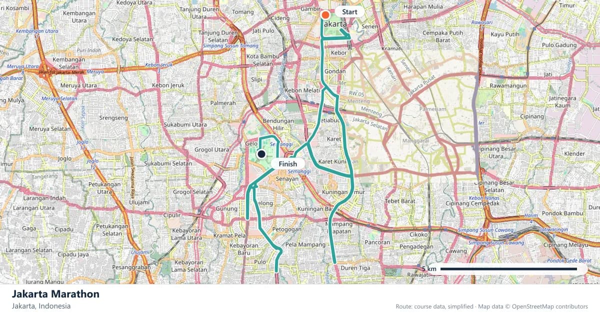 Jakarta Marathon course map: the route through Jakarta, with the start and the finish marked.