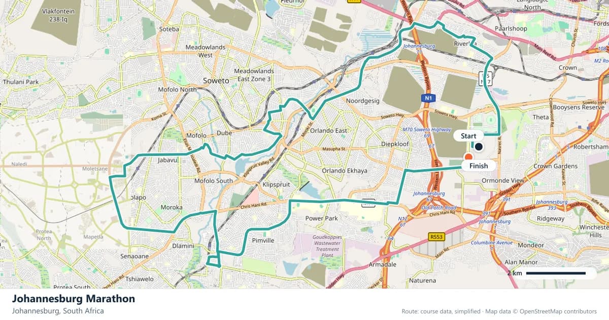 Johannesburg Marathon course map: the route through Johannesburg, with the start and the finish marked.
