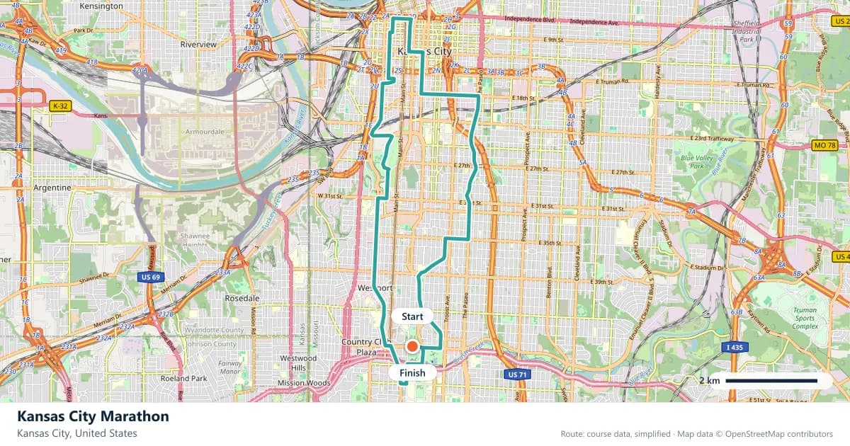 Kansas City Marathon course map: the route through Kansas City, with the start and the finish marked.