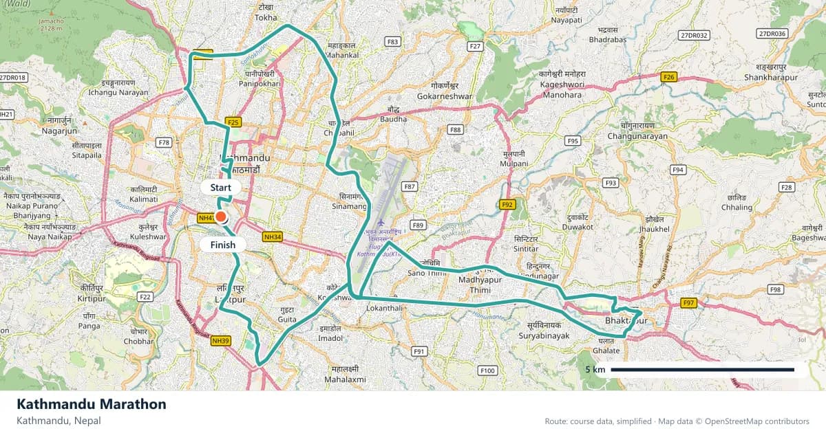 Kathmandu Marathon course map: the route through Kathmandu, with the start and the finish marked.
