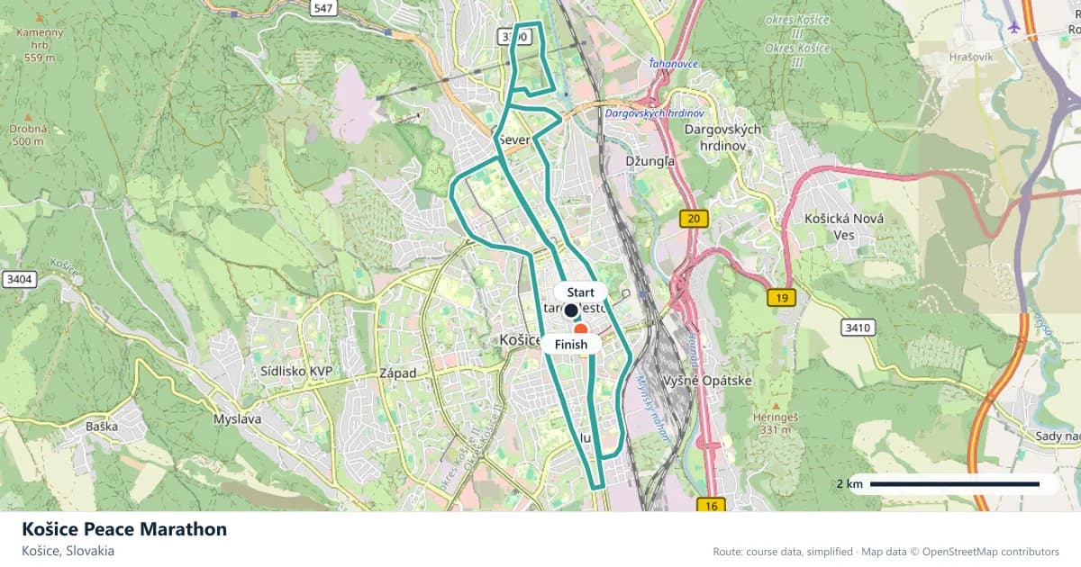 Košice Peace Marathon course map: the route through Košice, with the start and the finish marked.