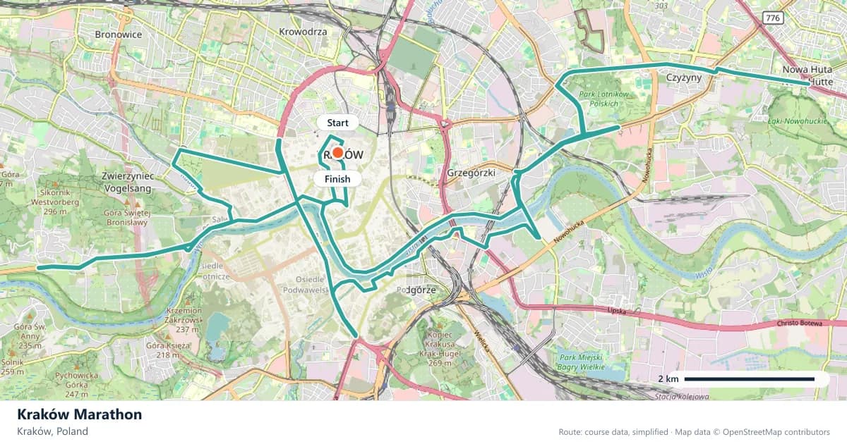 Kraków Marathon course map: the route through Kraków, with the start and the finish marked.