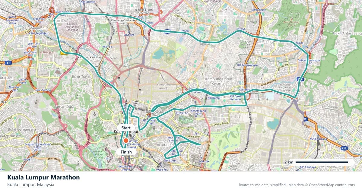 Kuala Lumpur Marathon course map: the route through Kuala Lumpur, with the start and the finish marked.