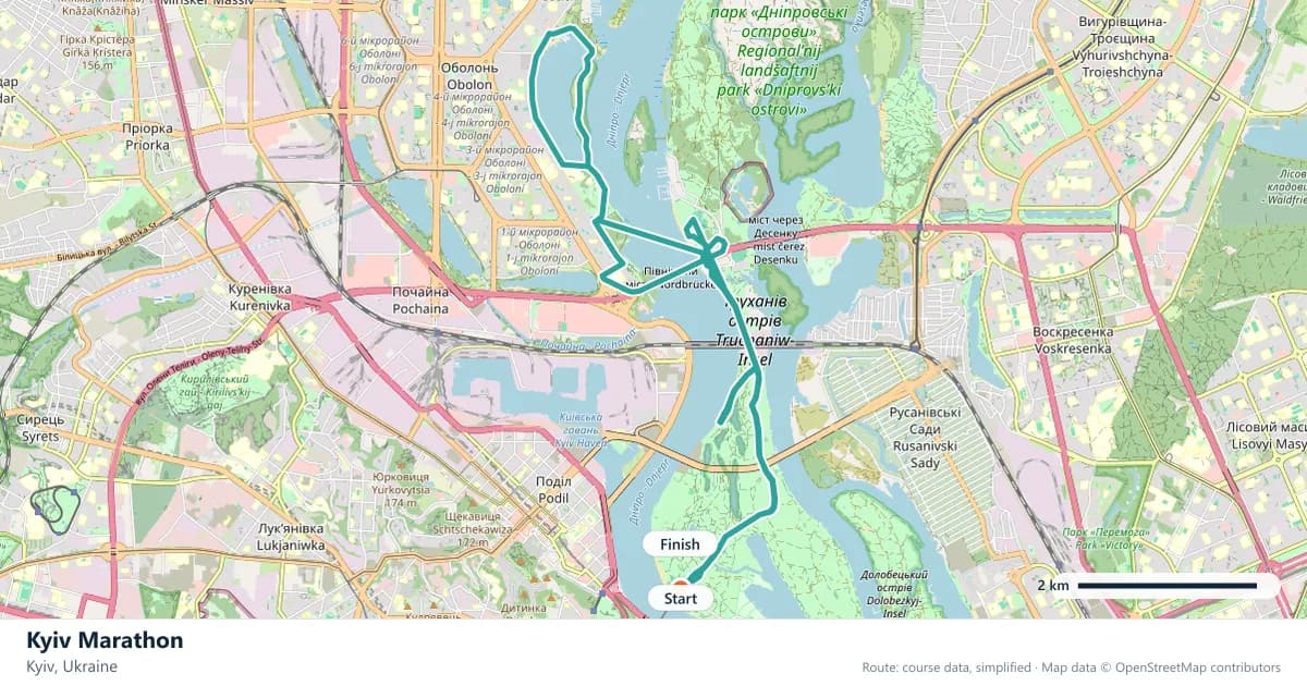 Kyiv Marathon course map: the route through Kyiv, with the start and the finish marked.