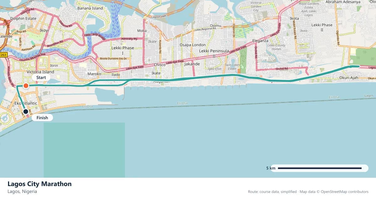 Lagos City Marathon course map: the route through Lagos, with the start and the finish marked.
