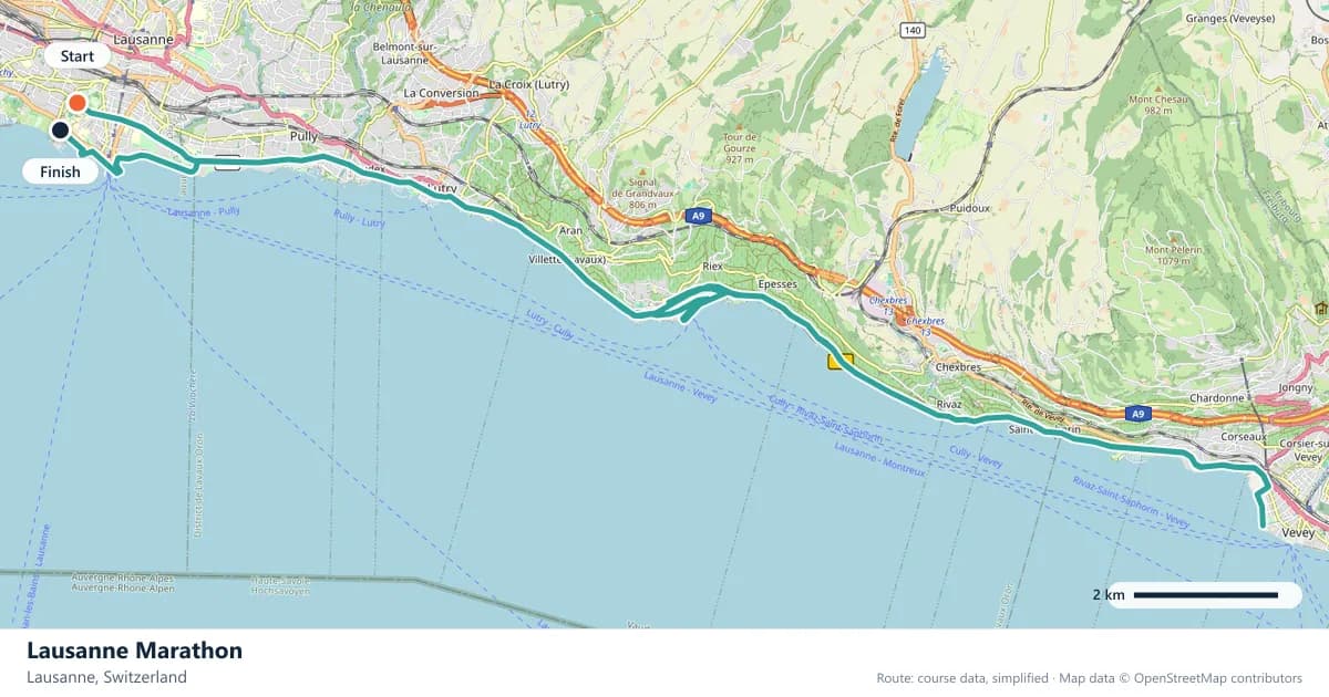 Lausanne Marathon course map: the route through Lausanne, with the start and the finish marked.