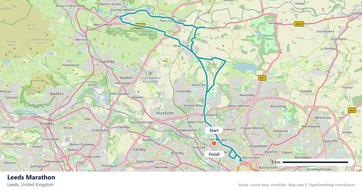 Leeds Marathon course map: the route through Leeds, with the start and the finish marked.