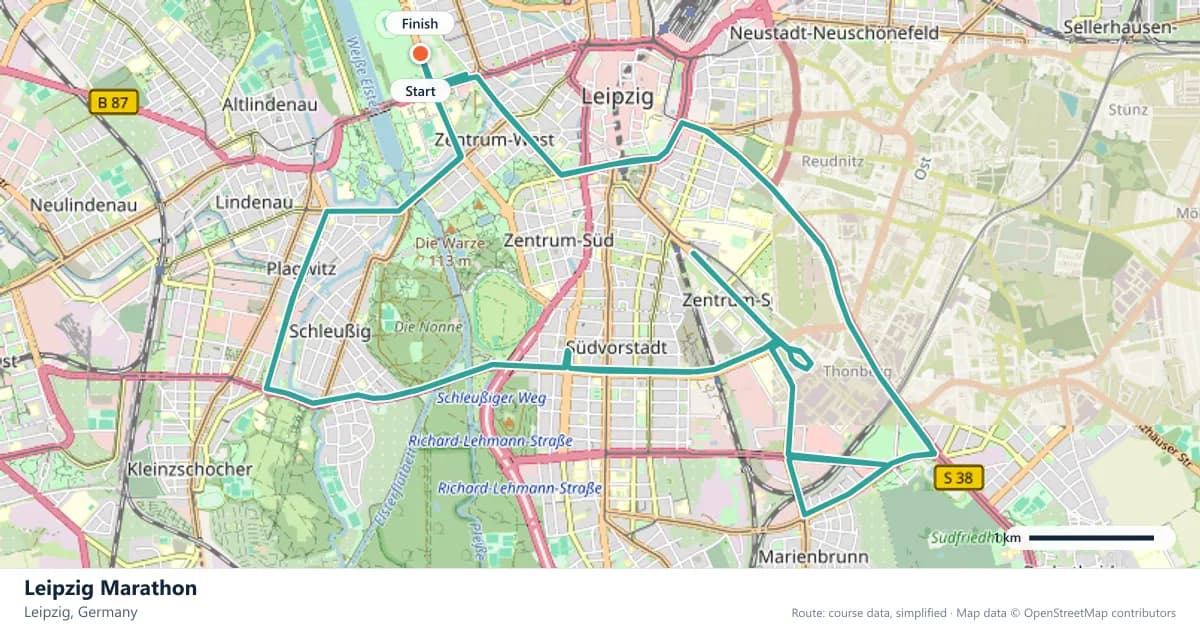 Leipzig Marathon course map: the route through Leipzig, with the start and the finish marked.