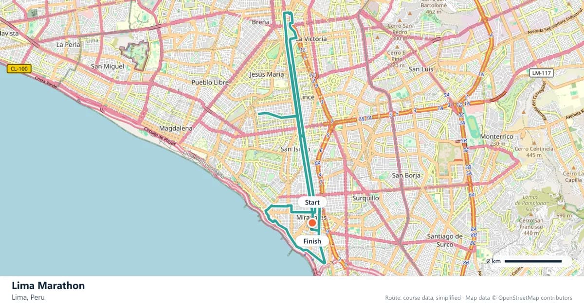 Lima Marathon course map: the route through Lima, with the start and the finish marked.