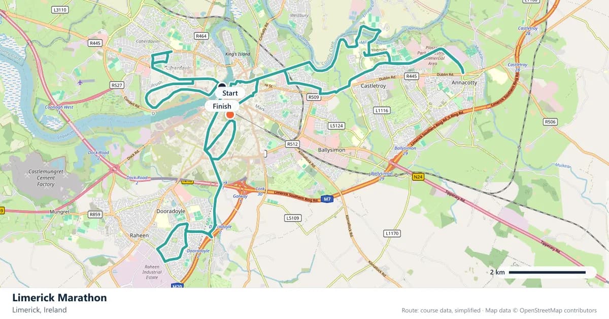 Limerick Marathon course map: the route through Limerick, with the start and the finish marked.