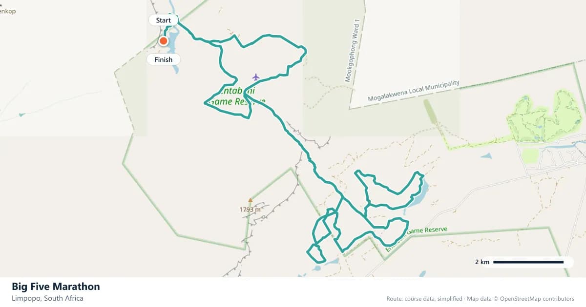 Big Five Marathon course map: the route through Limpopo, with the start and the finish marked.