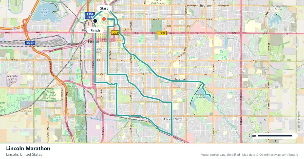 Lincoln Marathon course map: the route through Lincoln, with the start and the finish marked.