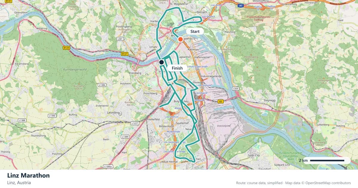 Linz Marathon course map: the route through Linz, with the start and the finish marked.