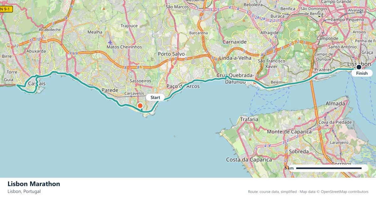 Lisbon Marathon course map: the route through Lisbon, with the start and the finish marked.