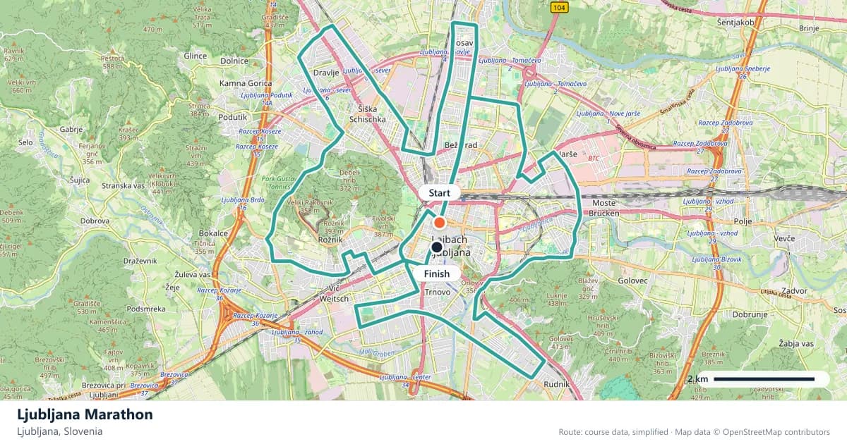 Ljubljana Marathon course map: the route through Ljubljana, with the start and the finish marked.