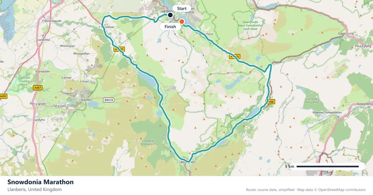 Snowdonia Marathon course map: the route through Llanberis, with the start and the finish marked.