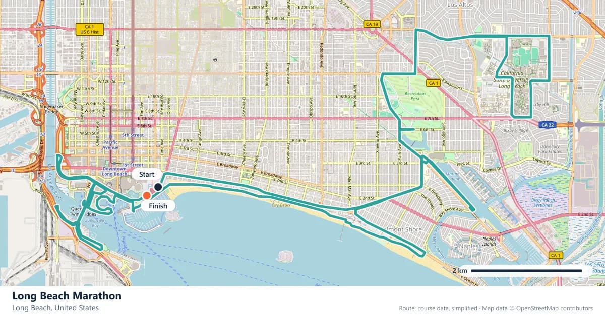 Long Beach Marathon course map: the route through Long Beach, with the start and the finish marked.