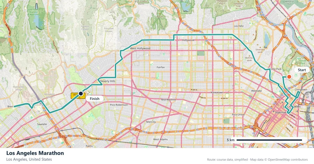 Los Angeles Marathon course map: the route through Los Angeles, with the start and the finish marked.