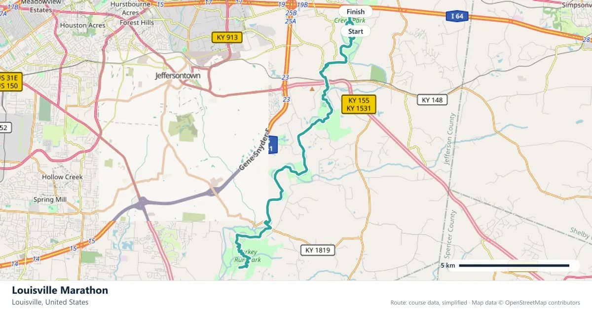 Louisville Marathon course map: the route through Louisville, with the start and the finish marked.
