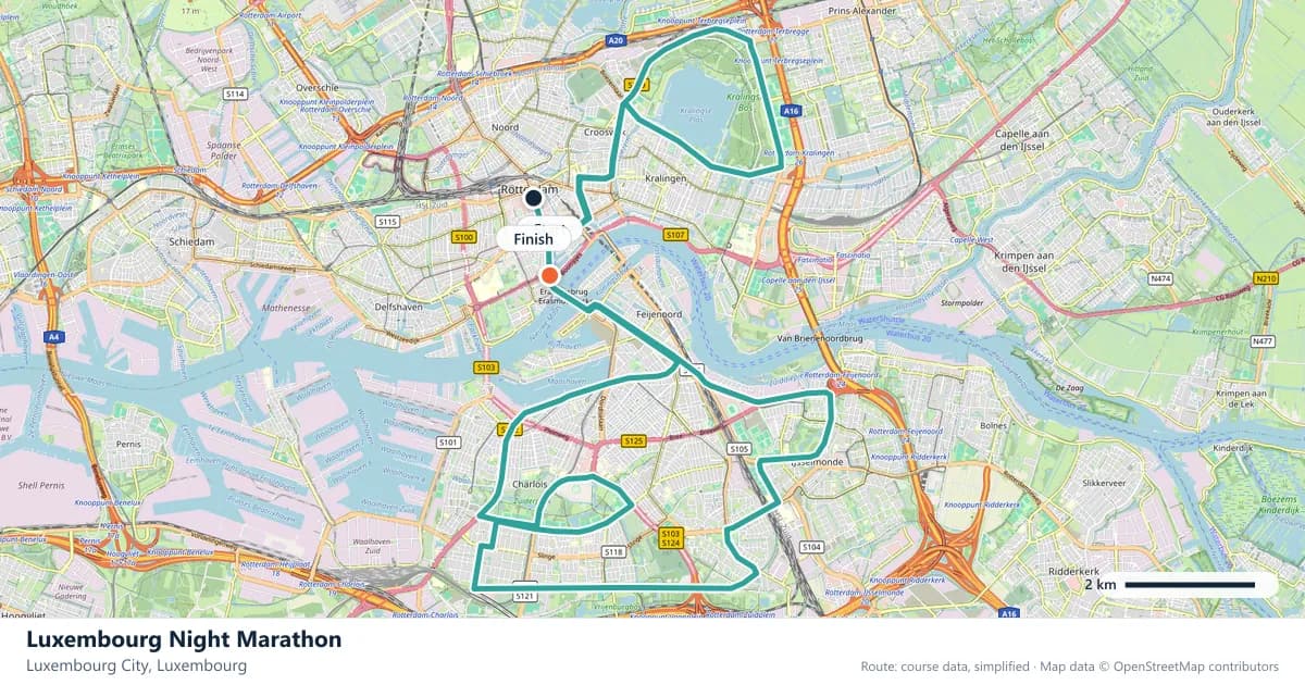 Luxembourg Night Marathon course map: the route through Luxembourg City, with the start and the finish marked.