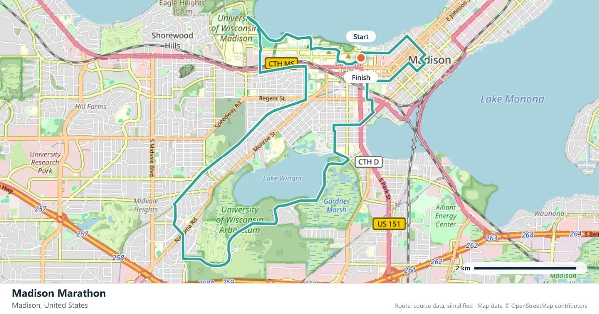 Madison Marathon course map: the route through Madison, with the start and the finish marked.