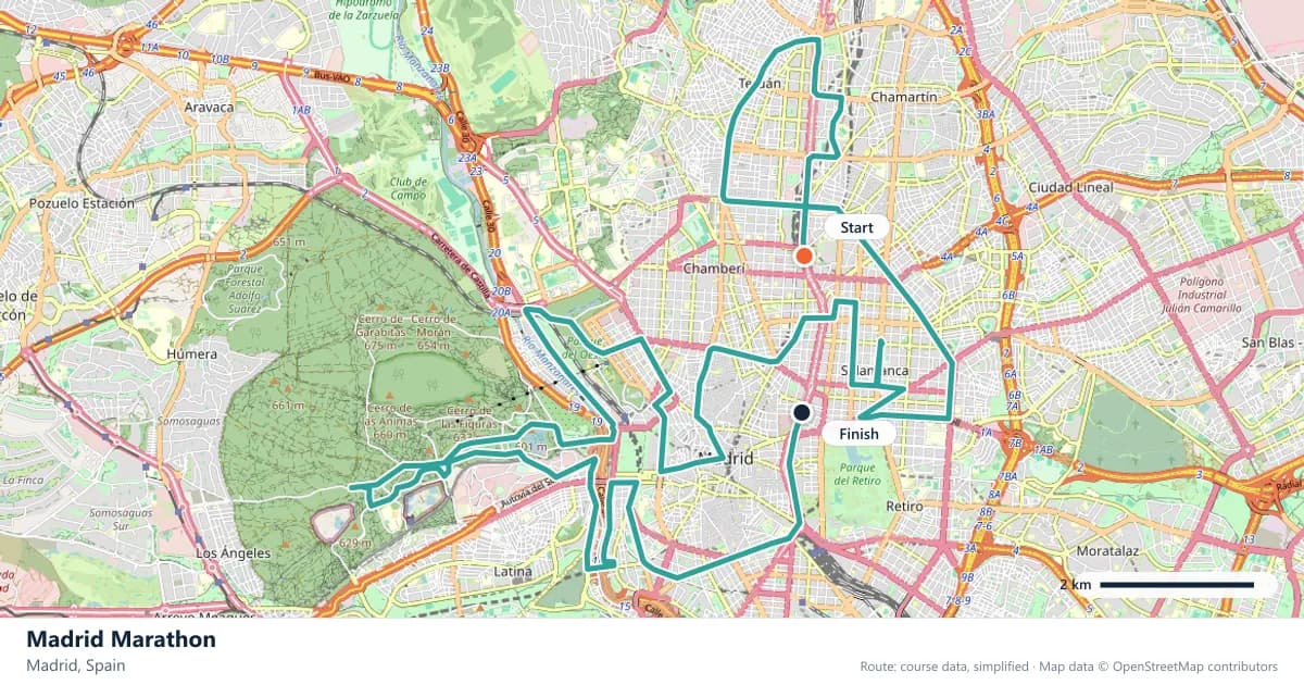 Madrid Marathon course map: the route through Madrid, with the start and the finish marked.