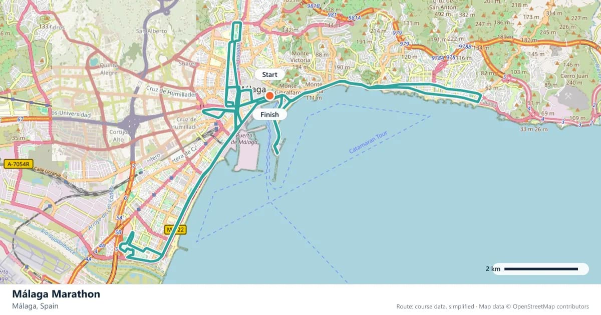 Málaga Marathon course map: the route through Málaga, with the start and the finish marked.