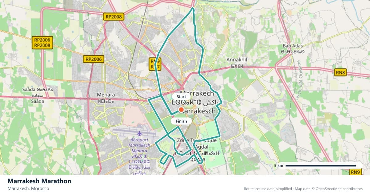 Marrakesh Marathon course map: the route through Marrakesh, with the start and the finish marked.