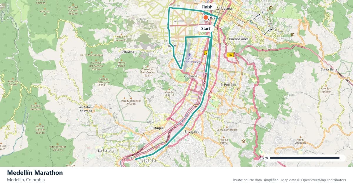 Medellín Marathon course map: the route through Medellín, with the start and the finish marked.