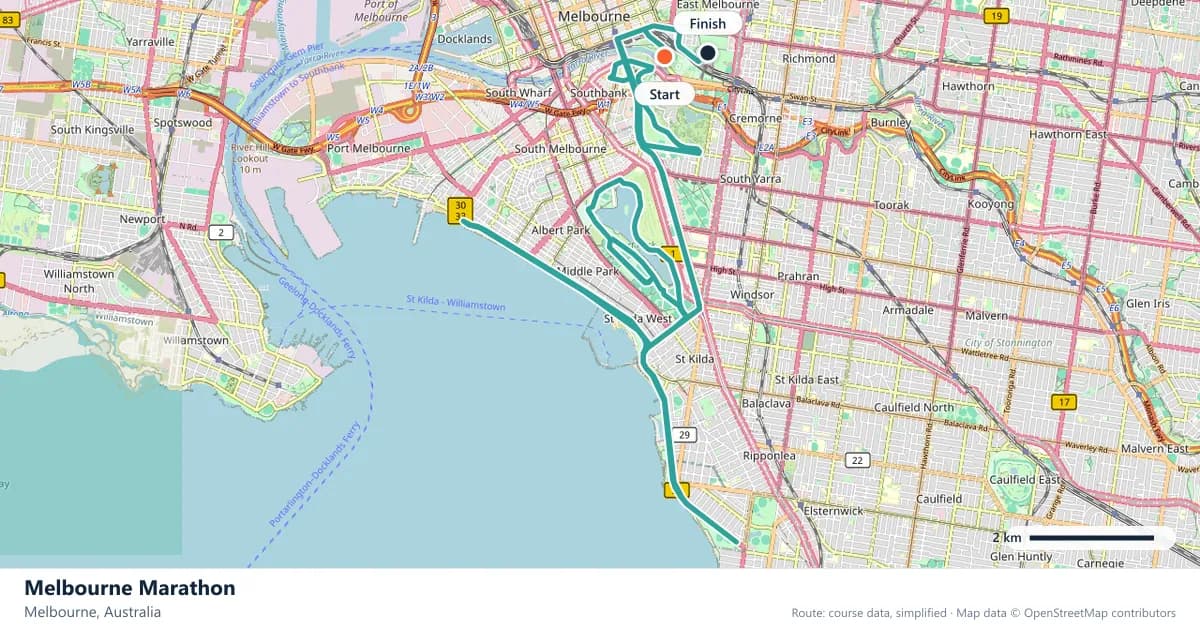 Melbourne Marathon course map: the route through Melbourne, with the start and the finish marked.